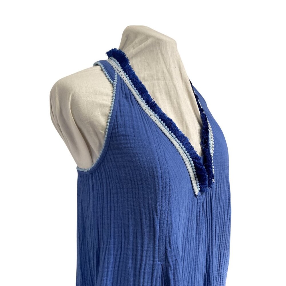 Magashoni Blue Cotton Gauze Sundress With Fringe V-Neckline Size S - Picture 2 of 5